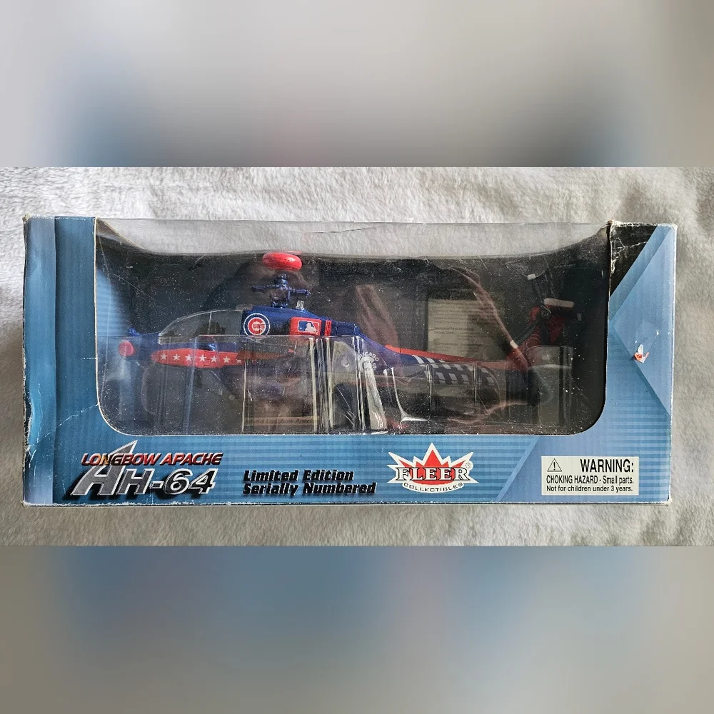 Longbow Apache AH-64 die-cast helicopter collectible with a Chicago Cubs